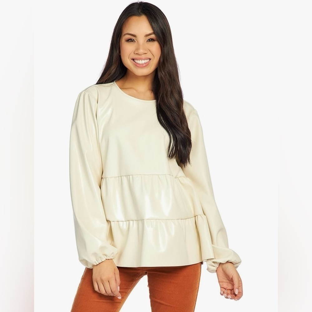 Mud Pie Lovie Faux Leather Top/Blouse- Cream- Size Large- NWT